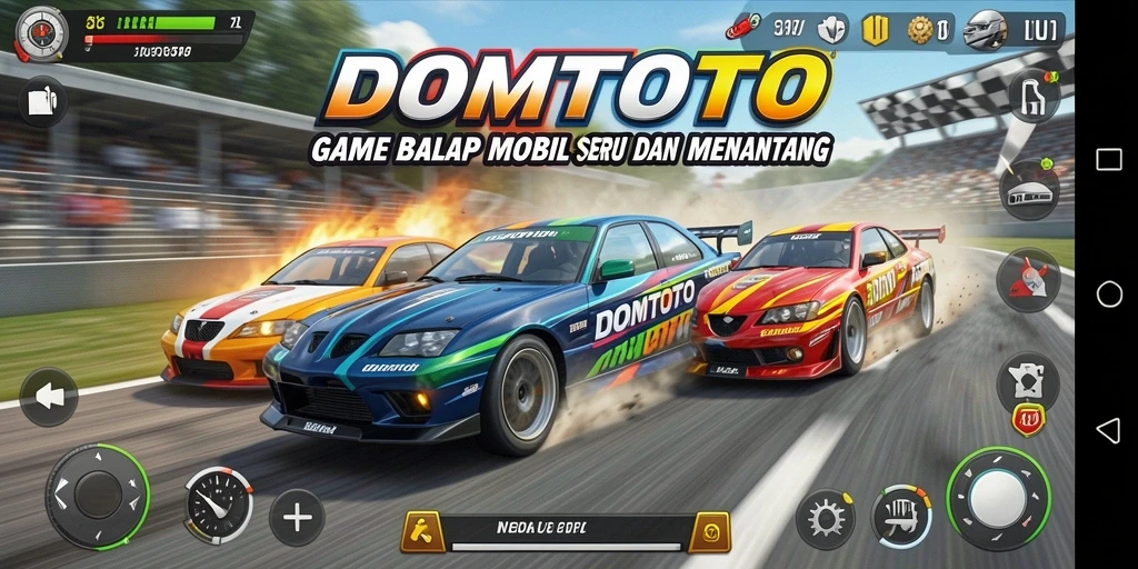 Screenshot gameplay DOMTOTO menunjukkan mobil balap melaju kencang di trek menantang.