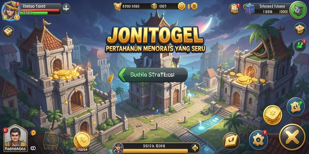 Tampilan gameplay <strong>JONITOGEL</strong> yang menunjukkan menara dan strategi pertahanan.