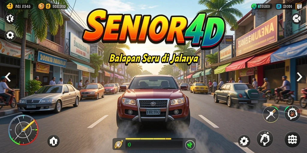 Tangkapan layar gameplay <strong>SENIOR4D</strong> dengan mobil balap di lintasan yang penuh tantangan.